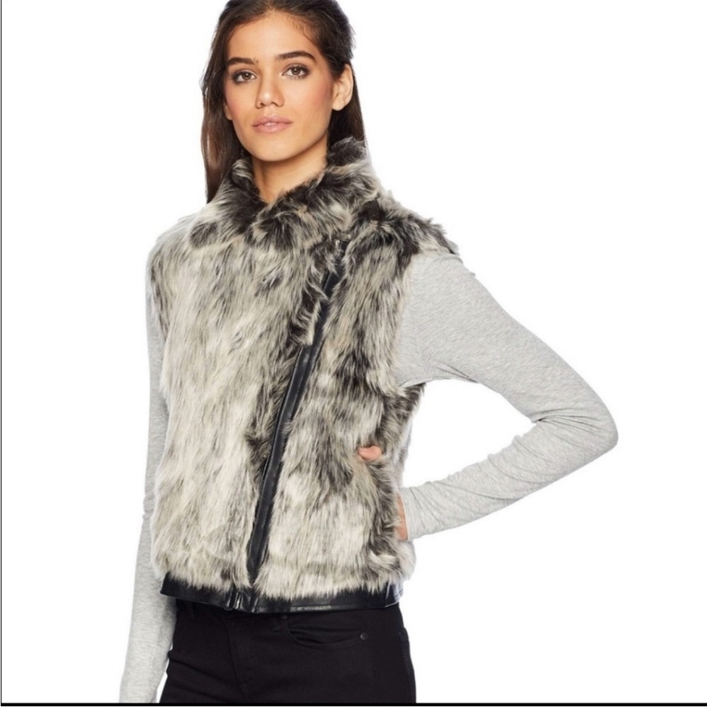 Cupcakes & Cashmere Faux Fur Vest w/ Vegan Leather Trim - Gray and Black, Small - Picture 2 of 14